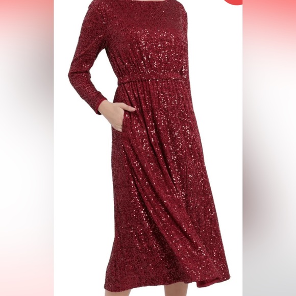 Maggie London Bateau Elastic Waste Party Dress in Cherry Red. - Picture 2 of 3